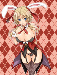  animal_ears argyle_background argyle_clothes argyle_legwear arm_behind_back bare_shoulders black_panties blonde_hair blush bow bow_panties breasts brown_thighhighs commentary_request cowboy_shot detached_collar female garter_straps gatakenjin hand_to_own_mouth hapymaher large_breasts long_hair looking_at_viewer low_twintails panties photoshop_(medium) plaid rabbit_ears smile solo thigh_gap thighhighs twintails underwear wrist_cuffs yayoi_b_lutwidge 