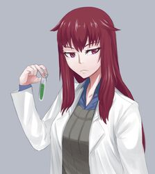  collarbone collared_shirt commentary_request expressionless female grey_background jiffic lab_coat looking_at_viewer mon-musu_quest! promestein purple_eyes red_hair shirt sidelocks simple_background solo test_tube upper_body 