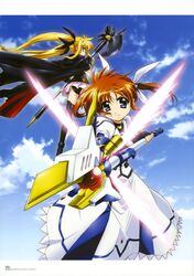  absurdres bardiche blonde_hair fate_testarossa highres lyrical_nanoha mahou_shoujo_lyrical_nanoha mahou_shoujo_lyrical_nanoha_the_movie_1st purple_eyes raising_heart red_eyes red_hair ribbon ribbons takamachi_nanoha thighhighs twintails 