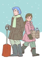  1boy animal blue_hair boots brown_hair coat densetsu_kyojin_ideon female frog hatari_naburu lotta_banda sarmatamra scarf snow 