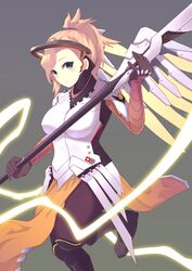  bad_id bad_pixiv_id bodysuit brown_pantyhose female glowing glowing_wings hair_tie high_ponytail holding holding_staff mechanical_wings mercy_(overwatch) nekomo overwatch overwatch_1 pantyhose solo spread_wings staff wings yellow_wings 