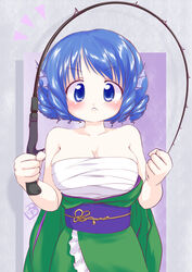  :&lt; bare_shoulders blue_eyes blue_hair blush breasts chest_sarashi cleavage closed_mouth clothes_down collarbone commentary_request drill_hair female fins fishing_rod frown green_kimono head_fins highres japanese_clothes kimono large_breasts mermaid monster_girl obi sarashi sash short_hair solo touhou uho_(uhoyoshi-o) v-shaped_eyebrows wakasagihime 