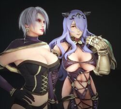  2girls 3d armlet armor bandai bangs black_background black_cape black_panties blue_eyes bodysuit breasts camilla_(fire_emblem_if) camilla_(fire_emblem_if)_(cosplay) cape claw cleavage cleavage_cutout corset cosplay costume_switch covered_navel crossover earrings edited elbow_gloves fire_emblem garter_straps gauntlets gloves hair_over_one_eye hand_on_hip headpiece highleg highleg_leotard isabella_valentine isabella_valentine_(cosplay) jewelry large_breasts legwear leotard lips lipstick long_hair makeup midriff multiple_girls namco naughty_face naughty_smile nintendo panties parted_lips pauldrons purple_gloves purple_hair purple_legwear red_eyes resized revealing_clothes short_hair silver_hair simple_background single_gauntlet smile soul_calibur soulcalibur soulcalibur_v source_filmmaker standing thighhighs third-party_edit turtleneck underboob underwear upper_body upscaled 