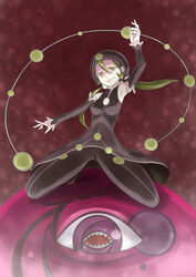  commentary_request elbow_gloves female gloves green_eyes green_hair hat highres hijiri_kanna kneeling long_hair magical_girl mahou_shoujo_kazumi_magica mahou_shoujo_madoka_magica pantyhose plejaden_von_asunaro solo spoilers twintails witch_(madoka_magica) yukimura_kaname 