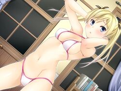  :o arm_up arms_up bikini blonde_hair blue_eyes blush dutch_angle female game_cg hirasaka_yuuri honjou_masato imageboard_desourced indoors long_hair looking_at_viewer love_lab_(visual_novel) navel non-web_source solo stomach swimsuit twintails white_bikini 