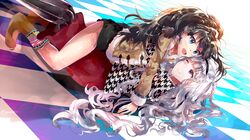  2girls black_hair ganaha_hibiki headband hoshika_ranoe hug idolmaster long_hair oerba_yun_fang shishidou_takane signed white_hair wink 