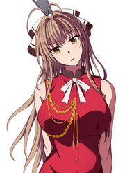  amagi_brilliant_park antenna_hair bare_shoulders breasts brown_hair commentary_request female head_tilt highres huge_breasts illusionk long_hair looking_at_viewer oversized_object sento_isuzu simple_background sleeveless solo upper_body very_long_hair white_background zipper_pull_tab 