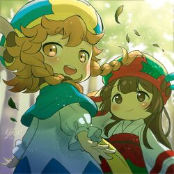  2girls bad_id bad_twitter_id black_eyes black_hair bowl braid brown_eyes brown_hair hakumei_(hakumei_to_mikochi) hakumei_to_mikochi hat japanese_clothes kimono leaf long_hair looking_at_viewer mikochi_(hakumei_to_mikochi) mini_person minigirl multiple_girls obi sakuma_sanosuke sash short_hair smile tree twin_braids wide_sleeves 