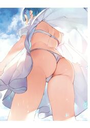  absurdres ass back blue_hair blue_skirt bra cloud cloudy_sky day dress extended_upskirt female from_behind from_below gaou_(umaiyo_puyoman) hair_ornament hairclip highres holding_hands out_of_frame outdoors panties re:zero_kara_hajimeru_isekai_seikatsu rem_(re:zero) short_dress short_hair short_sleeves shoulder_blades skirt sky solo_focus sparkle standing thighs underwear upskirt water_drop white_bra white_dress white_panties 