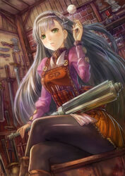  apron armory axe bad_id bad_pixiv_id boots crossed_legs docoi dutch_angle earrings female green_eyes grey_hair hair_ornament hairband jewelry lips long_hair mace original painttool_sai_(medium) pantyhose sandisk shop sitting solo sword weapon weapon_on_wall weapon_shop 