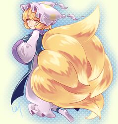  animal_hat ankle_socks blonde_hair blue_tabard breasts commentary dress female fluffy fox_tail frilled_dress frilled_hat frills from_behind from_side full_body hands_up hat highres kitsune large_breasts large_tail long_sleeves looking_at_viewer looking_back mob_cap multiple_tails pmx robe short_hair sidelocks signature smile socks solo tabard tail tassel touhou white_dress white_hat white_robe white_socks yakumo_ran yellow_eyes yellow_tail 