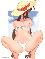  artist_name ass back bad_id bad_pixiv_id bare_legs bare_shoulders barefoot bikini blush border bow breasts brown_hair choker cloud commentary female from_behind hat koshio long_hair looking_at_viewer looking_back low_twintails outside_border profile red_bow ryoubi_(senran_kagura) senran_kagura shoulder_blades solo squatting straw_hat sun_hat swimsuit thong_bikini twintails white_bikini white_border white_choker 