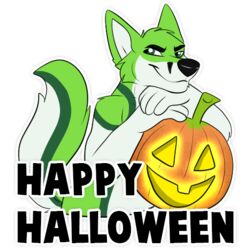  1:1 alpha_channel anthro black_eyebrows black_nose canid canine digital_media_(artwork) eyebrows fidget_the_fox food fox fruit fur glowing glowing_eyes green_body green_eyes green_fur hair halloween happy_halloween holidays kwik_(artist) looking_at_viewer male mammal paws pivoted_ears plant pumpkin simple_background smile solo telegram telegram_sticker white_body white_fur 