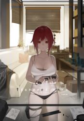  absurdres ass breasts cleavage commentary couch danzir dated desk female gun highres holding holding_weapon indoors large_breasts looking_down original panties red_eyes red_hair short_hair solo standing thigh_strap thighs underwear weapon 