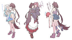  4girls ange_katrina ange_katrina_(2nd_costume) black_hair blunt_bangs blush boots carrying carrying_under_arm check_translation commentary_request dog_tail dress full_body highres hug inui_toko japanese_clothes lize_helesta lize_helesta_(2nd_costume) long_hair multiple_girls nijisanji open_mouth ponytail princess_carry red_hair shoes short_hair skirt spoon_(tamakakama) tail translation_request virtual_youtuber white_hair wings yuri yuzuki_roa yuzuki_roa_(1st_costume) 