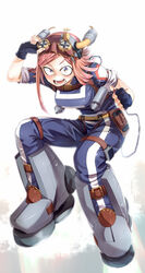  :o boku_no_hero_academia boots breasts brown_hair female fingerless_gloves full_body gloves goggles goggles_on_head hatsume_mei looking_at_viewer medium_breasts medium_hair sakurai_energy simple_background solo symbol-shaped_pupils u.a._gym_uniform white_background 