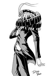  1boy absurdres antennae arthropod_boy boku_no_hero_academia centipeder_(boku_no_hero_academia) formal full_body gloves greyscale hand_up highres male_focus monochrome oohara_tetsuya pants profile simple_background solo standing suit teeth white_background 