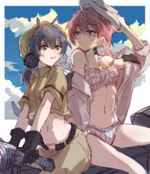  2girls animal_ears arknights bare_shoulders blue_eyes blue_hair blue_poison_(arknights) blue_poison_(shoal_beat)_(arknights) braid breasts camisole chinese_commentary cleavage collarbone commentary_request e-fa-dorn glaucus_(arknights) glaucus_(exterminator_in_the_square)_(arknights) gloves highres long_hair looking_at_another midriff multiple_girls navel official_alternate_costume pink_hair riding sitting small_breasts twin_braids 