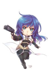  black_pantyhose blue_hair chibi female fingerless_gloves full_body gloves green_eyes gun long_hair looking_at_viewer maria_traydor misono_mitama open_mouth pantyhose simple_background skirt solo star_ocean star_ocean_till_the_end_of_time weapon white_background 