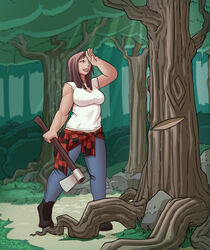  2019 absurd_res axe bottomwear breasts brown_hair clothing detailed_background felling_axe female forest hair hi_res human human_only lunate mammal melee_weapon not_furry outside pants plaid plant solo standing story story_in_description tree weapon 