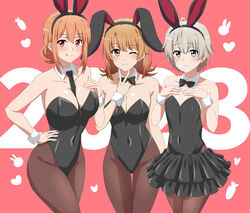  1boy 2023 2girls :q alternate_costume animal_ears black_bow black_bowtie black_hairband black_leotard black_necktie black_skirt blue_eyes blush bow bowtie breasts brown_eyes brown_hair brown_pantyhose chinese_zodiac cleavage closed_mouth commentary covered_navel crossdressing dars_(recolors) detached_collar fake_animal_ears grey_hair hair_between_eyes hair_bun hairband hand_on_own_hip heart isshiki_iroha large_breasts leotard looking_at_viewer mature_female medium_hair multiple_girls necktie orange_hair otoko_no_ko pantyhose playboy_bunny rabbit_ears red_background red_eyes short_hair shy sidelocks simple_background single_hair_bun skirt smile tongue tongue_out totsuka_saika v wrist_cuffs yahari_ore_no_seishun_lovecome_wa_machigatteiru. year_of_the_rabbit yuigahama_yui&#039;s_mother 