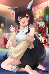  3girls :d alternate_color animal_ear_fluff animal_ears ayafubumi_(hololive) bad_id bad_twitter_id bare_legs bare_shoulders barefoot black_hair black_skirt box brown_cardigan brown_eyes cardigan christmas claw_pose commentary dress english_commentary fox_ears fox_girl from_behind gift gift_box hair_ornament hairclip hololive horns indoors long_hair long_sleeves looking_back magikarp mujinbensin multicolored_hair multiple_girls nakiri_ayame off_shoulder official_alternate_costume ookami_mio ookami_mio_(street) pokemon red_dress red_hair shiny_pokemon shirakami_fubuki shirt skin-covered_horns skirt sleeveless sleeveless_shirt smile streaked_hair tail thighs virtual_youtuber white_hair white_shirt wolf_ears wolf_girl wolf_tail 