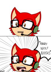  2017 angry_noises anthro canid canine canis custom_character_(sonic_forces) electronics english_text eyewear fur gadget_the_wolf glasses hi_res male mammal meme microphone multi-word_onomatopoeia onomatopoeia open_mouth orange_eyes red_body red_fur sega signature simple_background solo sonic_forces sonic_the_hedgehog_(series) sound_effects text white_background wolf xanime-sonicartistx 