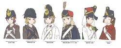  6+girls austria austria-hungary austro-hungarian_army blonde_hair blue_eyes brown_eyes brown_hair commentary_request dragoon epaulettes german_text green_eyes hat highres hussar karasumi_(sumizono) military military_uniform multiple_girls original sash shako_cap two-headed_eagle uniform 