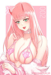  bad_id bad_pixiv_id bare_shoulders breasts cleavage collar collarbone commentary darling_in_the_franxx female fur_trim green_eyes heart heart_bra horns koshio large_breasts licking_lips long_hair looking_at_viewer oerba_yun_fang oni_horns pink_collar pink_hair smile solo tongue tongue_out upper_body zero_two_(darling_in_the_franxx) 