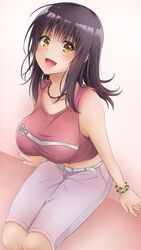  bad_id bad_pixiv_id belt black_hair bracelet breasts brown_eyes collarbone commentary_request covered_nipples crop_top female head_back highres itsuwa jewelry large_breasts long_hair looking_at_viewer navel necklace open_mouth pink_shirt pink_shorts shirt shorts sitting sleeveless sleeveless_shirt smile solo tina_(pixiv37050289) toaru_majutsu_no_index white_belt 