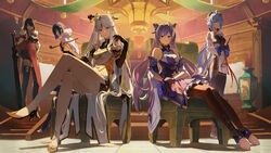  5girls ahoge bare_shoulders beidou_(genshin_impact) bell blue_hair bodystocking braid breasts china_dress chinese_clothes choker claw_ring closed_mouth cone_hair_bun cowbell crossed_legs detached_sleeves dress earrings elbow_gloves eyepatch flower_knot fur-trimmed_jacket fur_trim ganyu_(genshin_impact) genshin_impact gloves goat_horns gold_trim greatsword hair_bun hair_ornament hair_stick high_heels highres holding holding_weapon horns indoors jacket jewelry keqing_(genshin_impact) kiseru long_hair looking_at_viewer multicolored_hair multiple_girls neck_bell ningguang_(genshin_impact) omegu one_eye_covered pantyhose parted_bangs purple_eyes purple_hair short_hair sitting smile smoking_pipe standing sword tassel tassel_hair_ornament thighhighs twintails two-tone_hair weapon white_hair white_sleeves yelan_(genshin_impact) 