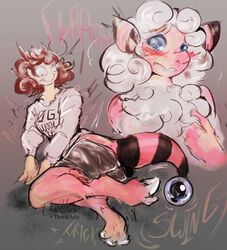  2019 anthro ass big_eyes blue_eyes blush bodily_fluids bovid breasts caprine clothing cracking cracking_joints english_text female flaaffy fur generation_2_pokemon growth hoodie hoof_growth hooved_toes hooves lying mammal markings nintendo nose_expansion pink_body pokemon pokemon_(species) pokemon_speak shocked simple_background snout snout_growth solo striped_markings striped_tail stripes tail tail_markings tears teeth text thwillartz topwear torn_clothing transformation transformation_sequence wool_(fur) 