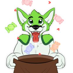  1:1 alpha_channel anthro black_eyebrows black_nose bodily_fluids candy canid canine dessert digital_media_(artwork) drooling eyebrows fidget_the_fox food fox fur green_body green_eyes green_fur hair halloween happy heart_symbol holidays kwik_(artist) male mammal paws pivoted_ears saliva simple_background smile solo telegram telegram_sticker tongue tongue_out white_body white_fur 