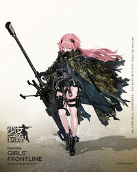  adjusting_clothes anti-materiel_rifle bipod black_footwear black_gloves black_leotard boot_straps boots breasts camouflage camouflage_cloak cape character_name cloak covered_mouth female full_body girls&#039;_frontline gloves grey_jacket gun handgun headgear highres holding holding_gun holding_weapon holster holstered hood hood_down hooded_cloak jacket leotard logo long_hair looking_at_viewer ntw-20 ntw-20_(girls&#039;_frontline) ntw-20_(mod3)_(girls&#039;_frontline) official_alternate_costume official_art one_eye_closed pink_eyes pink_hair promotional_art ran_(bukeranwu) rifle scope skindentation sniper_rifle solo thigh_holster thighs very_long_hair weapon wrist_straps 