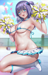  aqua_eyes blush boots breasts cheerleader female fence from_side groin hair_bobbles hair_ornament heavy_breathing highres large_breasts light_purple_hair looking_at_viewer medium_hair micro_bra microskirt navel open_mouth original pom_pom_(cheerleading) saigado side_ponytail skirt smile solo standing standing_on_one_leg sweat translation_request twitter_username 