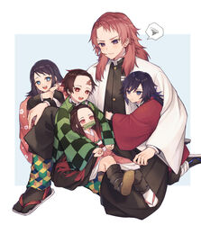  2girls 3boys :d aged_down bad_id bad_pixiv_id bamboo bit_gag black_hair black_jacket black_legwear black_pants blue_background blue_eyes brown_eyes brown_hair checkered_haori coyucom demon_slayer_uniform earrings floral_print gag gradient_hair jacket japanese_clothes jewelry kamado_nezuko kamado_tanjirou kimetsu_no_yaiba kimono long_hair long_sleeves makomo_(kimetsu) mouth_hold multicolored_hair multiple_boys multiple_girls obi open_clothes open_mouth pants pink_kimono purple_eyes purple_hair sabito_(kimetsu) sash scar scar_on_cheek scar_on_face scar_on_forehead smile spoken_squiggle squiggle teeth tomioka_giyuu two-tone_background upper_teeth_only very_long_hair white_background white_footwear wide_sleeves 