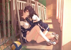  2girls absurdres ball bare_legs benevole black_hair blue_buruma blue_jacket blush breasts brown_hair buruma closed_eyes couple dappled_sunlight evening from_side full_body gym_uniform hair_behind_ear hand_on_another&#039;s_face hand_on_another&#039;s_thigh highres jacket jacket_partially_removed kissing kneeling leaning_forward legs long_hair long_sleeves medium_breasts medium_hair multiple_girls off_shoulder original shirt shoes sidelocks sitting sneakers socks sunlight thighs volleyball volleyball_(object) white_footwear white_shirt white_socks yuri 