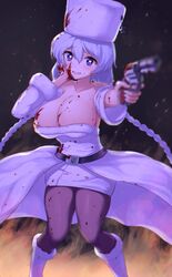  absurdres avrora_(azur_lane) azur_lane black_legwear blood blood_in_hair blood_on_clothes blood_on_face blood_on_hands blood_on_weapon blood_splatter blue_eyes blush boots braid breasts cleavage collarbone detached_sleeves dress female fur_hat gun hat heart heart-shaped_pupils highres holding holding_gun holding_weapon huge_breasts long_hair looking_at_viewer open_mouth pantyhose revolver sauvignon silver_hair solo symbol-shaped_pupils twin_braids ushanka very_long_hair wavy_mouth weapon white_dress white_footwear white_headwear yandere 