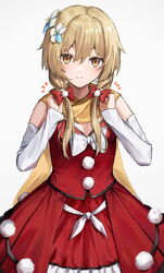  bare_shoulders blonde_hair blush bow christmas detached_sleeves dress ebiri_fy female flower genshin_impact hair_flower hair_ornament hairbow half-closed_eyes highres long_sleeves looking_at_viewer lumine_(genshin_impact) red_bow red_dress scarf sidelocks simple_background solo white_background white_bow yellow_eyes yellow_scarf 