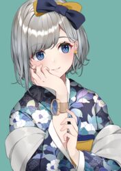  black_bow blue_background blue_eyes blue_kimono blush bow brown_bow commentary_request earrings female floral_print grey_hair hairbow hand_on_own_cheek hand_on_own_face hand_up highres japanese_clothes jewelry kimono looking_away looking_to_the_side maven original parted_lips print_kimono short_hair simple_background smile solo swept_bangs upper_body usamochi. watch wristwatch 