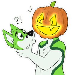  1:1 alpha_channel anthro black_eyebrows black_nose canid canine creepy digital_media_(artwork) eyebrows fidget_the_fox food for_a_head fox fruit fur glowing glowing_eyes green_body green_eyes green_fur hair halloween holidays kwik_(artist) light male mammal object_head paws pillarbox pivoted_ears plant pumpkin pumpkin_head scared simple_background smile solo telegram telegram_sticker white_body white_fur wide_eyed 