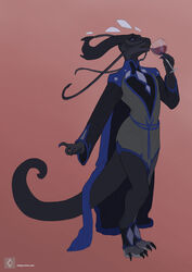  amarian anthro claws clothed clothing digital_media_(artwork) dragon hi_res holding_object horn looking_back mythological_creature mythological_scalie mythology open_mouth scalie simple_background solo standing tail teeth 