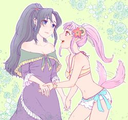  2girls :d bare_shoulders bikini blue_bow blue_eyes blue_hair bow breasts choker closed_mouth dress earrings floral_background flower frilled_bikini frills hair_flower hair_ornament hair_ribbon halterneck hokuru holding jewelry long_hair mavelle_froessen medium_breasts millie_chliette mismatched_bikini multicolored_bikini multicolored_clothes multiple_girls navel open_mouth parted_bangs pink_eyes pink_flower pink_hair pointy_ears ponytail purple_dress ribbon sidelocks smile standing star_ocean star_ocean_anamnesis star_ocean_first_departure straight_hair striped_bikini striped_clothes swimsuit tail wrist_flower yellow_flower 