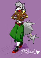  absurd_res anthro arms_bent belt bent_leg bottomwear canid canine canis clothing eyewear footwear fur glasses grey_body grey_fur hand_in_pocket hands_in_both_pockets hi_res jacket lacing male mammal mr_fuwa pants pockets purple_background red_eyes shoelaces shoes simple_background smile sneakers solo straight_leg string_bow tied_string topwear wolf 