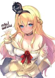  black_hairband blonde_hair blue_eyes braid breasts choker cleavage commentary_request cowboy_shot crown dress female flower hairband half_up_braid highres kantai_collection large_breasts long_sleeves looking_at_viewer mini_crown o-sirius off-shoulder_dress off_shoulder red_flower red_ribbon red_rose ribbon rose simple_background solo twitter_username warspite_(kancolle) white_background white_dress 