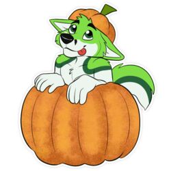  1:1 alpha_channel anthro black_eyebrows black_nose canid canine canis clothing ears_down eyebrows fidget_the_fox food fox fruit fur green_body green_eyes green_fur hair halloween hat headgear headwear holidays kwik_(artist) male mammal outline paws pivoted_ears plant pumpkin simple_background smile solo telegram telegram_sticker tongue tongue_out transparent_background white_body white_fur 