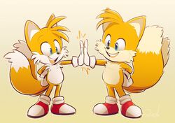  2022 anthro blue_eyes canid canine clothing dipstick_tail duo eye_contact footwear fox fur gloves handwear looking_at_another male mammal markings open_mouth open_smile sega shoes simple_background smile sonic_the_hedgehog_(series) sonic_the_hedgehog_2_(film) square_crossover tail tail_markings tails vaporotem white_body white_fur yellow_body yellow_fur 