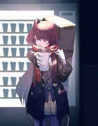  absurdres black_coat black_pantyhose brown_skirt cafe coat cup disposable_coffee_cup disposable_cup drink enpera female girls&#039;_frontline hand_on_own_shoulder highres holding holding_drink long_hair looking_away looking_down official_alternate_costume one_side_up open_mouth pantyhose photoshop_(medium) pov pov_dating print_scarf red_eyes red_scarf rzx0 scarf short_sidetail skirt snowflake_print solo very_long_hair wa2000_(date_in_the_snow)_(girls&#039;_frontline) wa2000_(girls&#039;_frontline) 