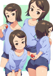  arm_behind_back ass blue_shirt blue_shorts blush brown_eyes brown_hair closed_mouth collarbone cowboy_shot cropped_legs female flat_chest from_behind gradient_background grey_background gym_trainer_(pokemon) hair_ornament hairclip half-closed_eyes hand_up hands_on_own_thighs happy highres holding holding_poke_ball kneepits knees_together_feet_apart leaning_forward light_blush long_sleeves looking_at_viewer multiple_views om_(nk2007) poke_ball poke_ball_(basic) pokemon pokemon_sv shiny_skin shirt short_hair short_shorts shorts sidelocks simple_background smile standing swept_bangs thighs white_background 