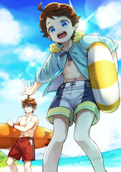  2boys beach blue_eyes blue_sky brothers brown_hair feet_out_of_frame freckles genshin_impact highres holding holding_swim_ring innertube lens_flare lolicon looking_at_viewer male_focus multiple_boys navel ocean open_mouth outdoors red_swim_trunks shorts siblings signature sky smile summer surfboard swim_ring tartaglia_(genshin_impact) teucer_(genshin_impact) tnoqina 